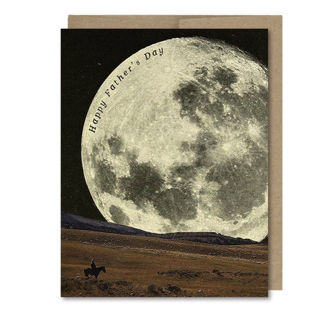 Space-themed Happy Father's Day card showing a giant full moon, and a cowboy on horseback in the foreground. Vintage style.
