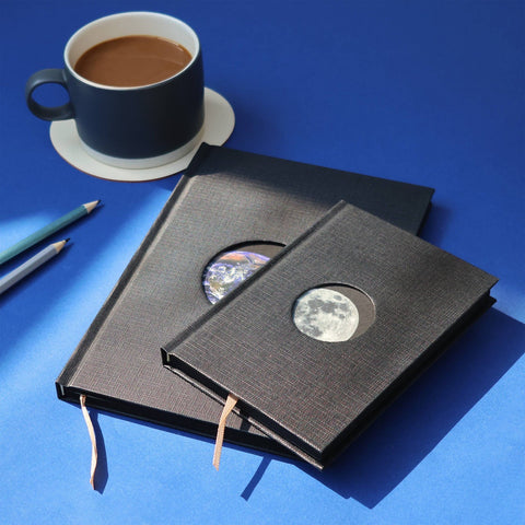 Moon & Earth Notebooks - Hardcover A6/A5 - Black & Gold - Space, Moon, Earth Gift