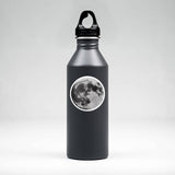A vinyl round full moon sticker shown on a water bottle, perfect for any lover of the moon or space!