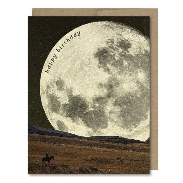 Space-themed Happy Birthday card showing a giant full moon, and a cowboy on horseback in the foreground. Vintage style.