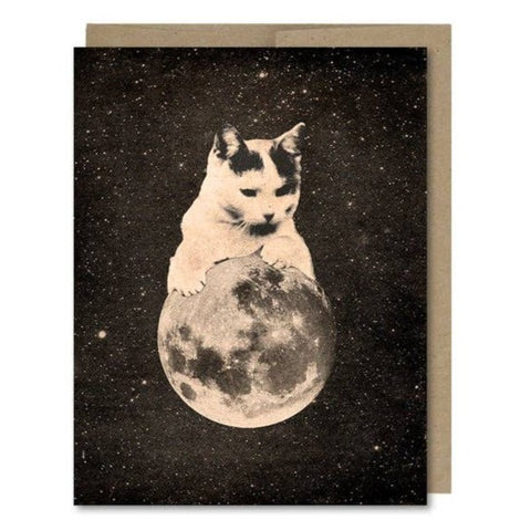 Space-themed greeting card showing a cat or kitten crawling up on a full moon in space! Vintage style.