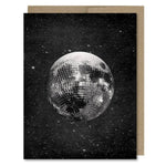 Space themed greeting card showing a moon as a party disco ball in space! Vintage style.