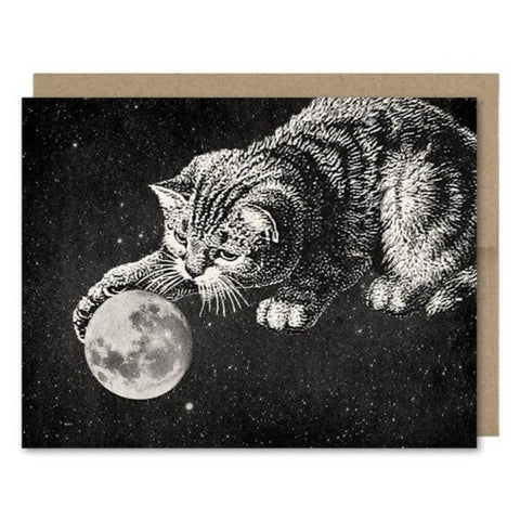 Space-themed greeting card showing a cat playing with a full moon ball in space! Vintage style.