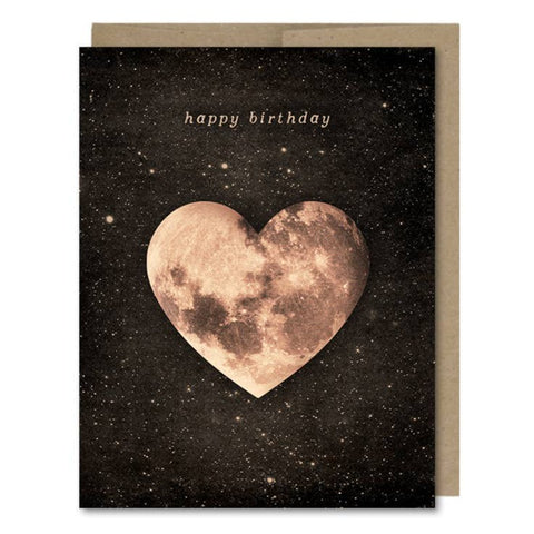 Space-themed Happy Birthday card showing a pink, heart-shaped moon in space! Vintage style.
