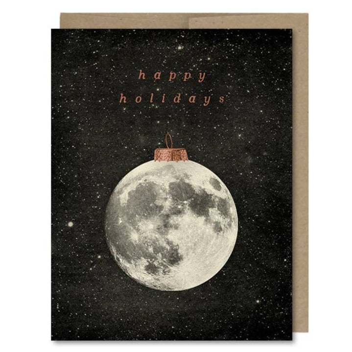 Space-themed Happy Holiday Christmas card showing the full moon in space as a Christmas ornament! Vintage style.