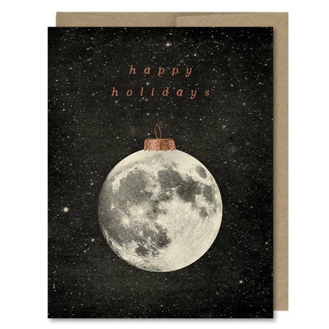 Space-themed Happy Holiday Christmas card showing the full moon in space as a Christmas ornament! Vintage style.