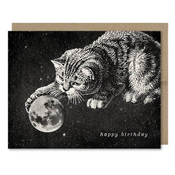 Space-themed Happy Birthday card showing a cat playing with a full moon ball in space! Vintage style.