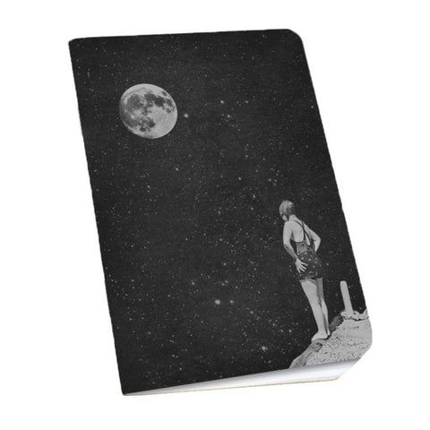 Pack of two small mini notebooks showing a girl in a vintage swimming suit standing on the edge of a pier in space with a full moon above! Vintage style.