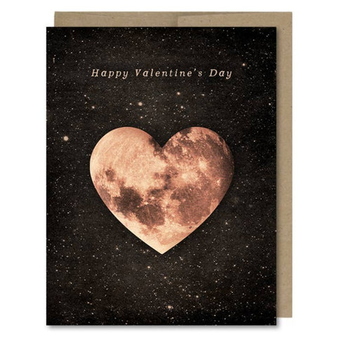 Space-themed Happy Valentine's Day card showing a pink, heart-shaped moon in space! Vintage style.