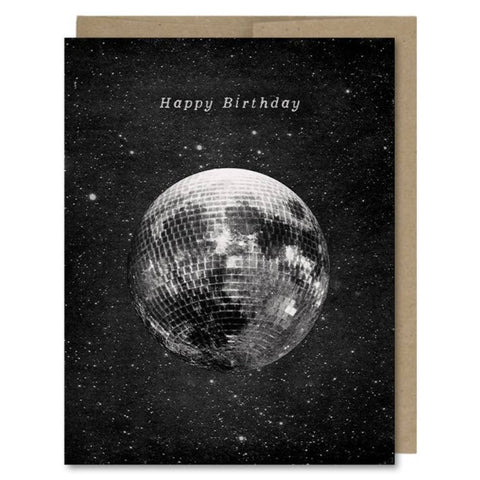 Space-themed Happy Birthday card showing the moon as a party disco ball in space!. Vintage style.
