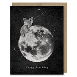 Space-themed Happy Birthday card showing a cute koala bear clinging to a full moon in space!.Vintage style.