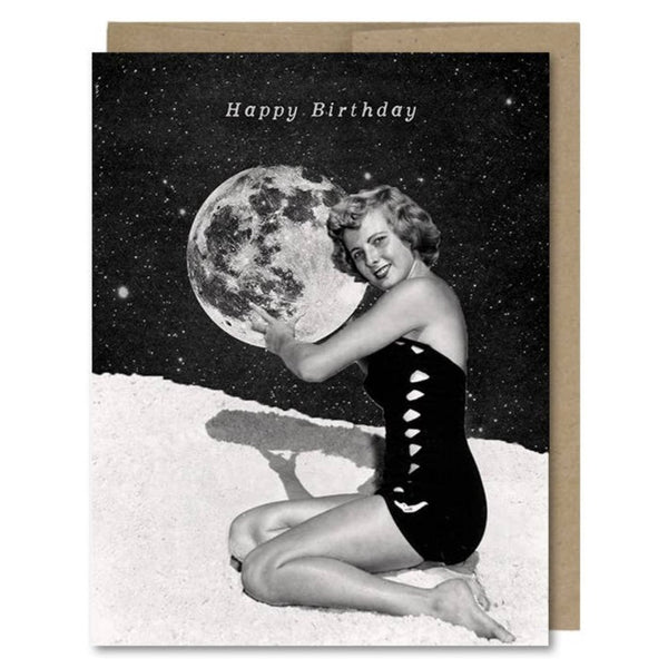 Space themed Happy Birthday card showing woman in vintage swimsuit holding a giant moon beachball! Vintage style.