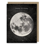 Space-themed Happy Birthday card showing a full moon in space! Vintage style.