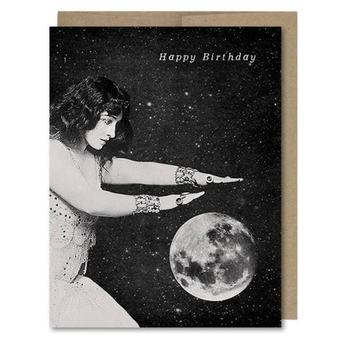 Space-themed Happy Birthday card showing a fortune teller waving her hands of a moon crystal ball in space! Vintage style.