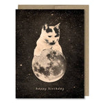 Space-themed Happy Birthday card showing a cat or kitten climbing on a full moon in space! Vintage style.