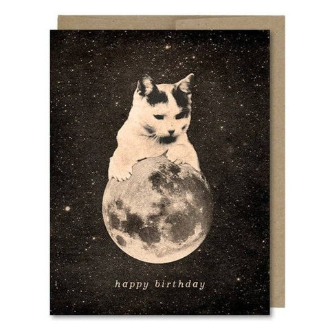 Space-themed Happy Birthday card showing a cat or kitten climbing on a full moon in space! Vintage style.