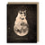 Space-themed Happy Birthday card showing a cat or kitten climbing on a full moon in space! Vintage style.