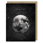 Space-themed party or happy birthday card showing the moon as a party disco ball in space with the words "Party Time!" Vintage style.