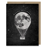 Space themed Happy Birthday card with a full moon in space as a hot air balloon! Vintage style.