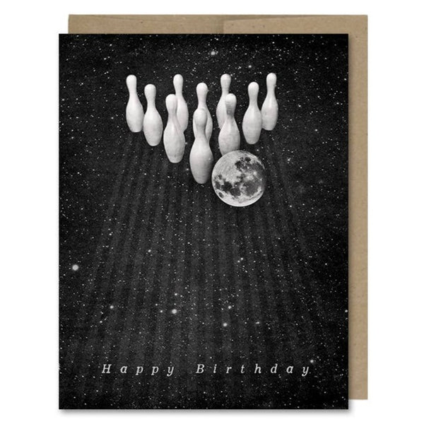 Space-themed Happy Birthday card showing a moon bowling ball and bowling pins in outer space! Vintage style.