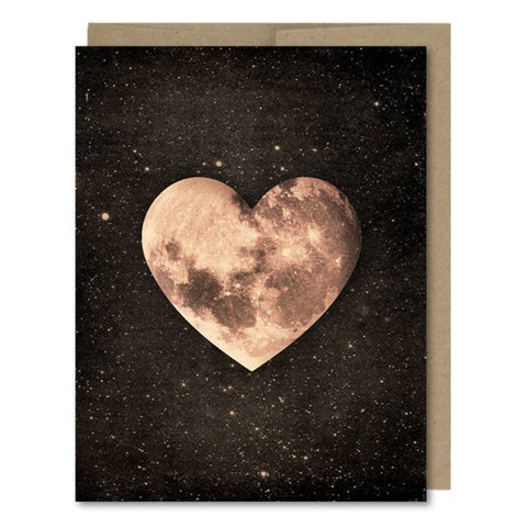 Space-themed  card showing a pink, heart-shaped moon in space! Vintage style.