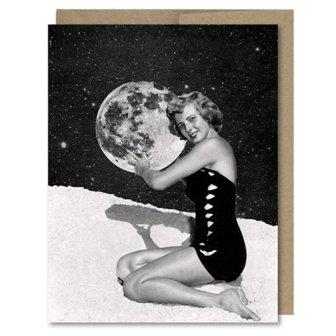 Space greeting card with woman in swimsuit holding moon beachball. Vintage style.