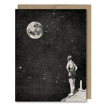 Space-themed greeting card showing a girl in a vintage swimming suit standing on the edge of a pier in space with a full moon above! Vintage style.