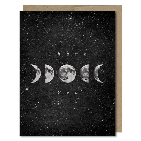 Space-themed Thank You card showing the phases of the moon against a starry space background! Vintage style.