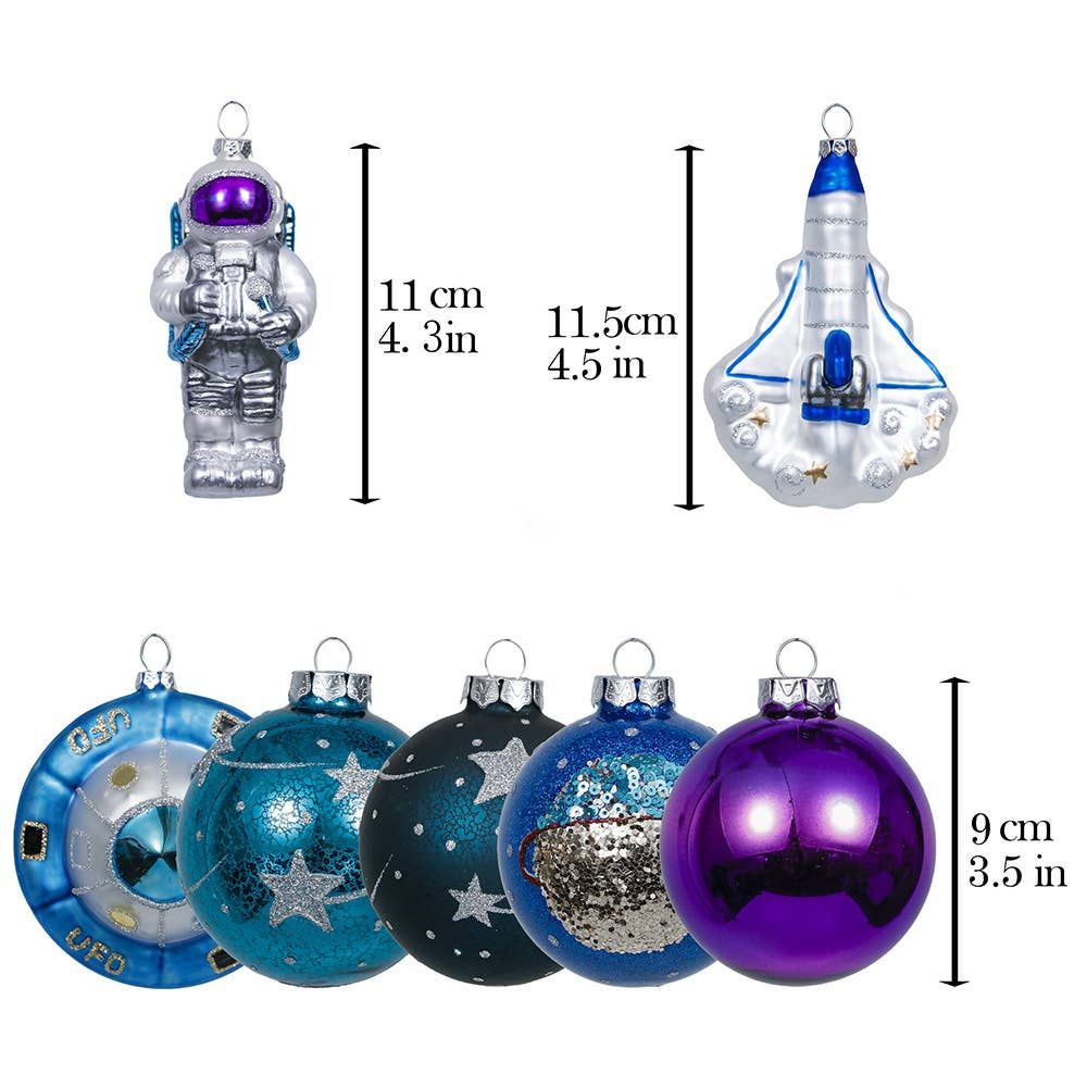 Set of 8 glass space themed Christmas ornaments including an astronaut ornament, space shuttle  rocket ornament, and UFO ornament