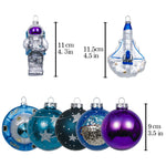 Set of 8 glass space themed Christmas ornaments including an astronaut ornament, space shuttle  rocket ornament, and UFO ornament