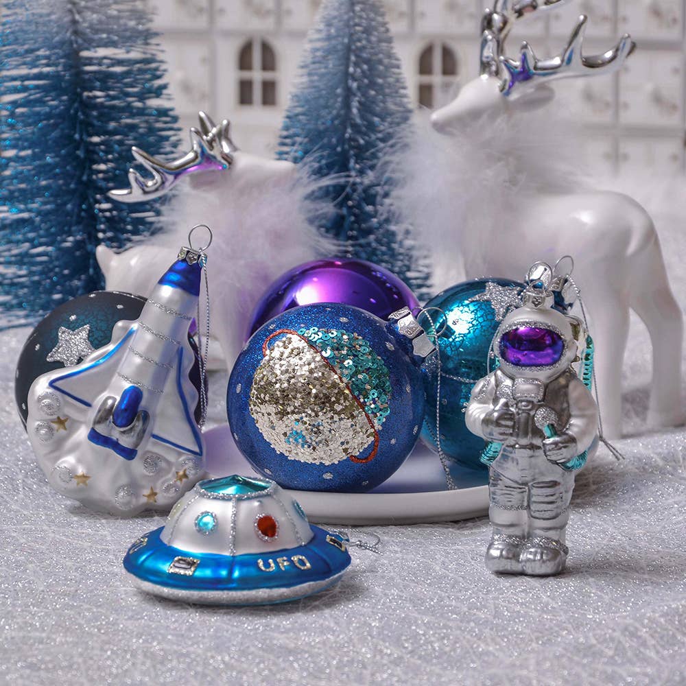 Astronaut Christmas ornament set with UFO, Space Shuttle rocket and planet