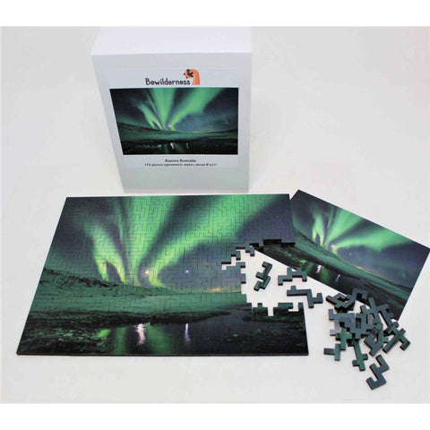 Northern lights puzzle for space lovers! A unique geometric wood jigsaw puzzle showing the Aurora Borealis.