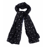 Long black space-themed scarf with shimmering silver metallic stars