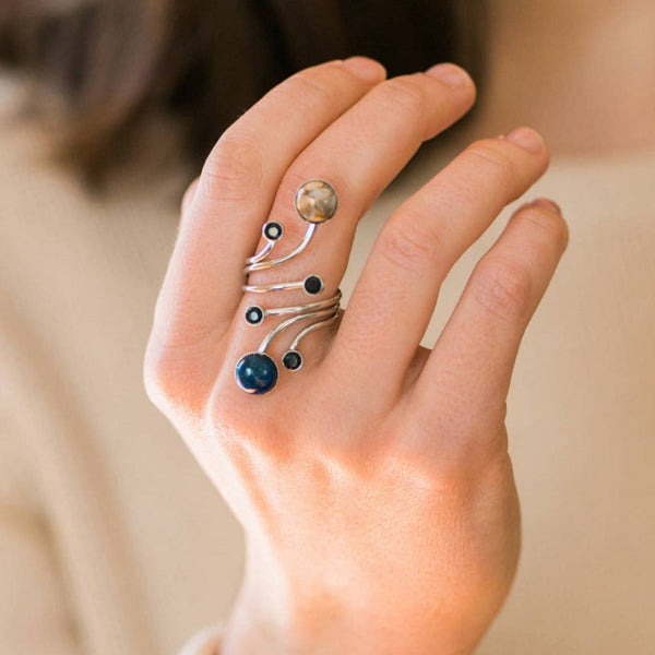 Space themed statement ring depicting planet Earth and our Moon orbiting through space- a beautiful space jewelry gift!