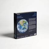 A round earth puzzle by Four Point Puzzles - the perfect space gift! Back of box.