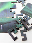 Northern lights puzzle for space lovers! A unique geometric wood jigsaw puzzle showing the Aurora Borealis.