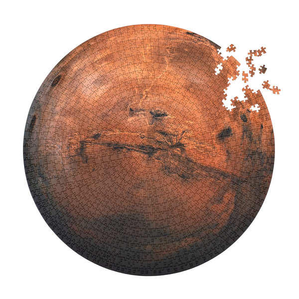 Round Mars Puzzle from Parkside Puzzles (formerly Four Point Puzzles) mostly finished, showing pieces. A challenging space-themed puzzle and space gift!