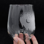 Moon, stars, trees engraved stemless wine glass space lover gift