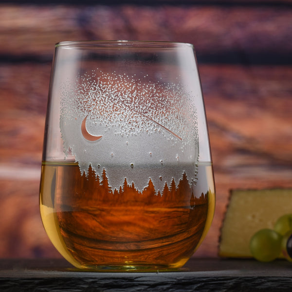 Moon, stars, trees engraved stemless wine glass space lover gift