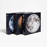 Outer space puzzle set from Four Point Puzzles! Showing the Moon puzzle, the Earth puzzle and the Mars planet puzzles