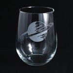 Etched stemless wine glass with the planet Saturn, space themed