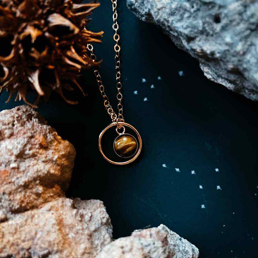 Small rings of Saturn necklace in 14k gold fill and tiger eye stone