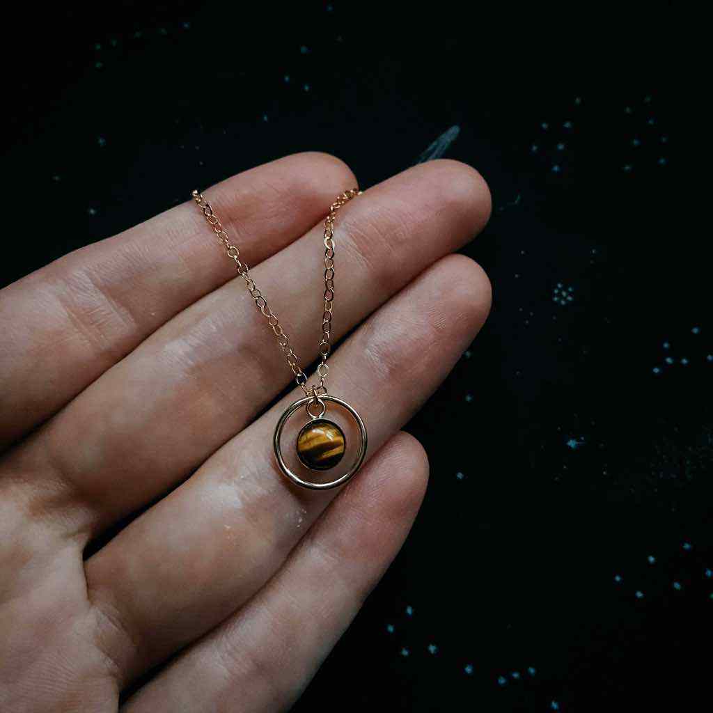 Small rings of Saturn necklace in 14k gold fill and tiger eye stone