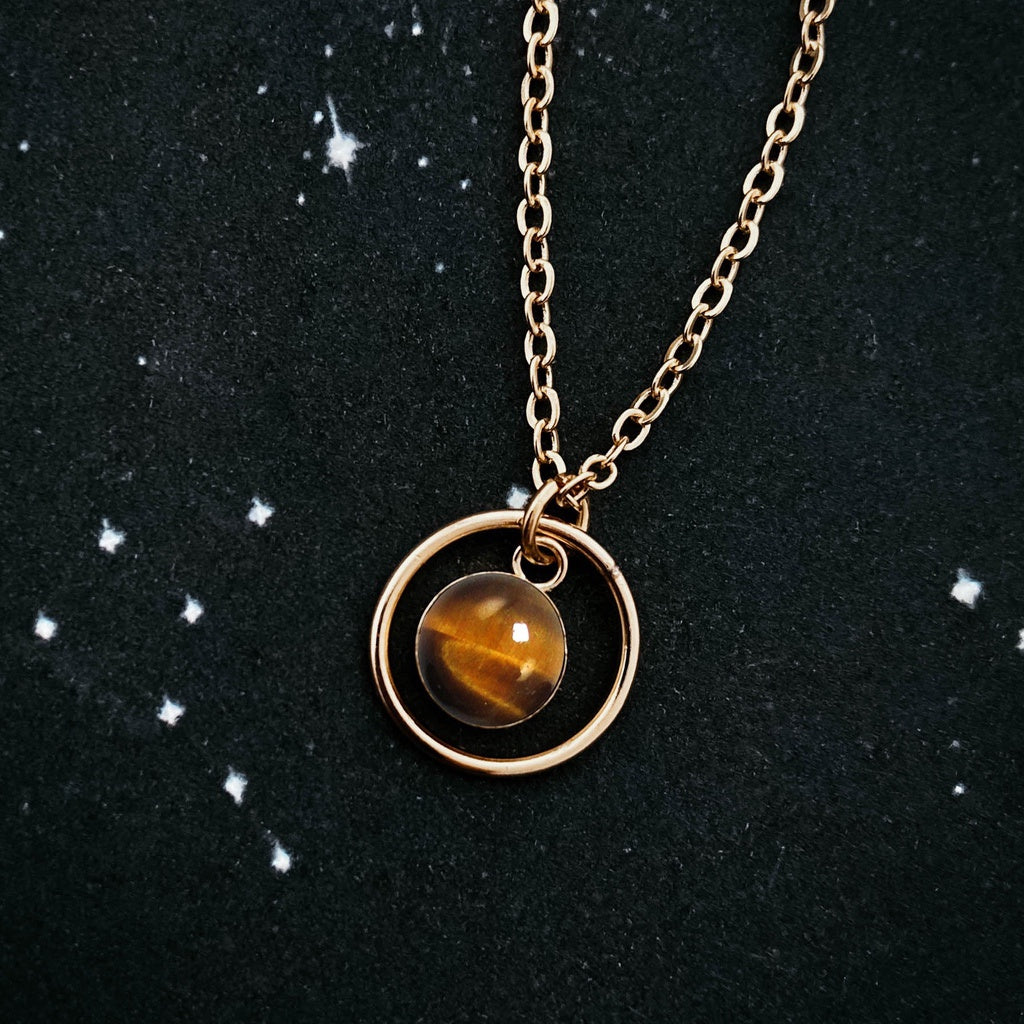 Small rings of Saturn necklace in 14k gold fill and tiger eye stone