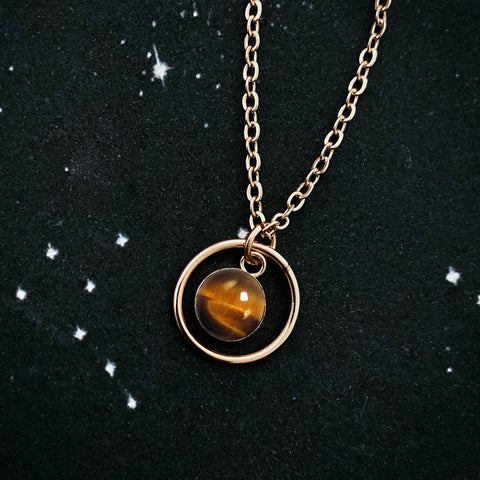 Small rings of Saturn necklace in 14k gold fill and tiger eye stone
