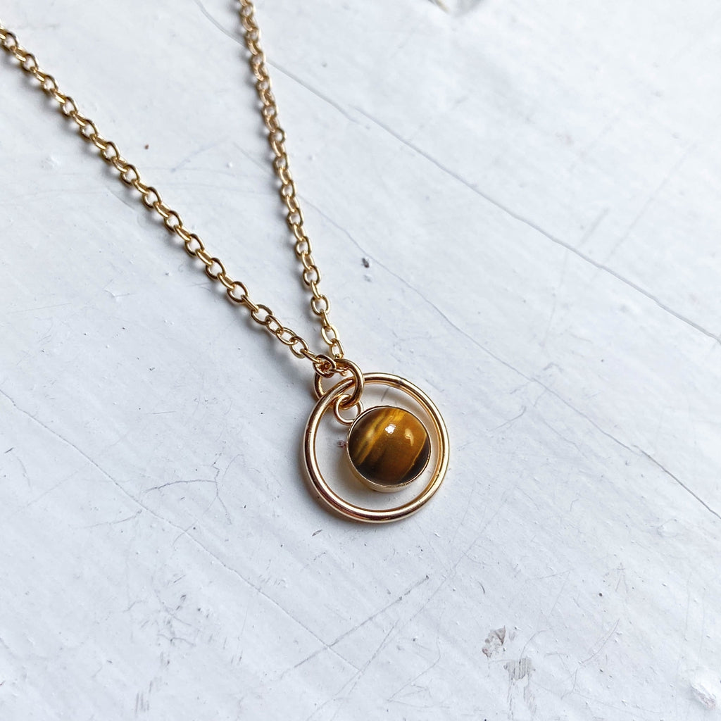 Small rings of Saturn necklace in 14k gold fill and tiger eye stone