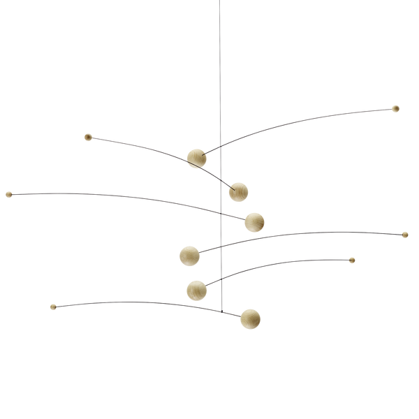Futura mobile by danish Flensted Mobiles. Looks like moons and planets in space. Natural wood.