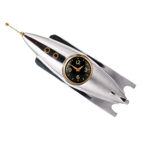 Rocket clock for your wall, by Pendulux. Silver color, large and impressive space gift shaped like a rocketship!