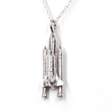 Sterling silver NASA space shuttle pendant on silver necklace chain.