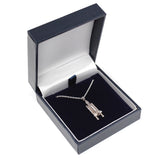 Sterling silver NASA space shuttle pendant on silver necklace chain, shown in gift box.